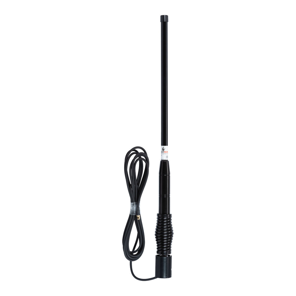 Blackhawk ANT-BH-OM-205B Trucker Edge Compact Antenna vertical view with connecting cable.