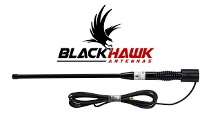 Blackhawk ANT-BH-OM-205B Trucker Edge Compact Antenna horizontal view with big Blackhawk logo