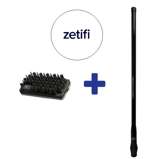 Image of a Cel-Fi booster and a Zetifi Smart antenna with Zetifi logo