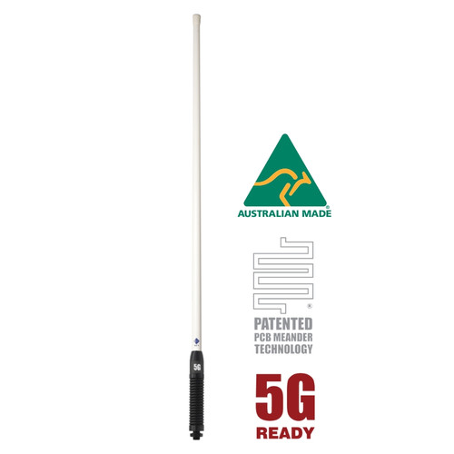 RFI 5G LTE 6.5DBI collinear antenna (698-3800MHZ); 5M SMA(M)-white radome/black spring full antenna view