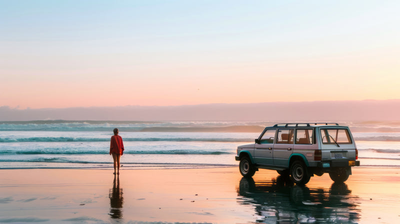 Woman standing on the beach with a jeep beside her