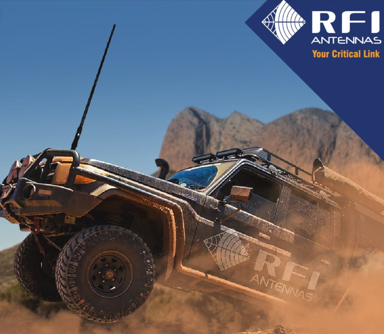 RFI CDQ Series Poster with an off-road vehicle with an RFI antenna installed
