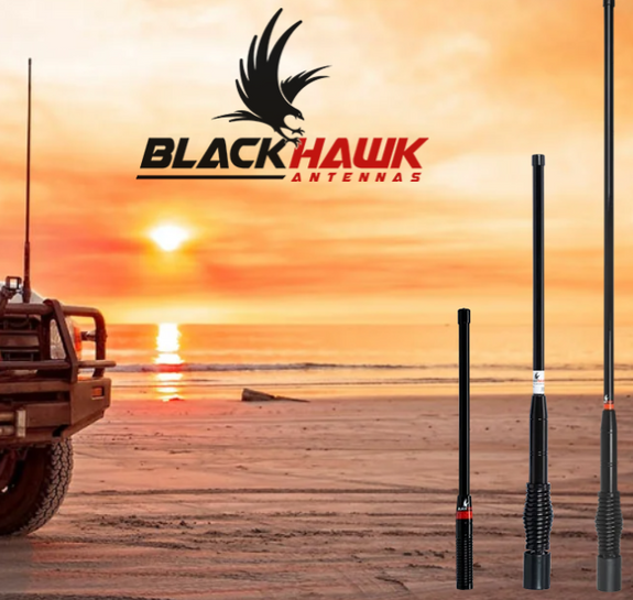 3 Blackhawk antennas side by side with a car with Blackhawk antenna in the background.