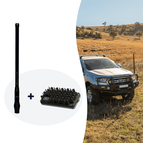 Off-road vehicle  in front of a hilly terrain with Zetifi 780mm smart antenna and Cel-Fi booster installed
