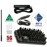 Cel-Fi Roam signal booster with internal antenna, power adapter and an RFI CD8194 cellular antenna