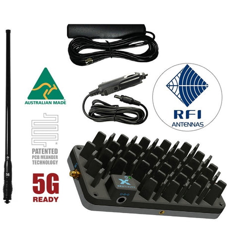 Cel-Fi GO booster with power adapter, internal antenna and an RFI CDQ8195 antenna