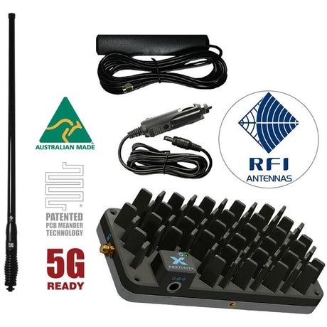 Cel-Fi GO booster with power adapter, internal antenna and an RFI CDQ8197 antenna
