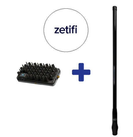 Image of a Cel-Fi booster and a Zetifi Smart antenna with Zetifi logo