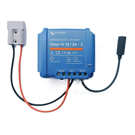 Blue DC/DC converter with cables on a white background