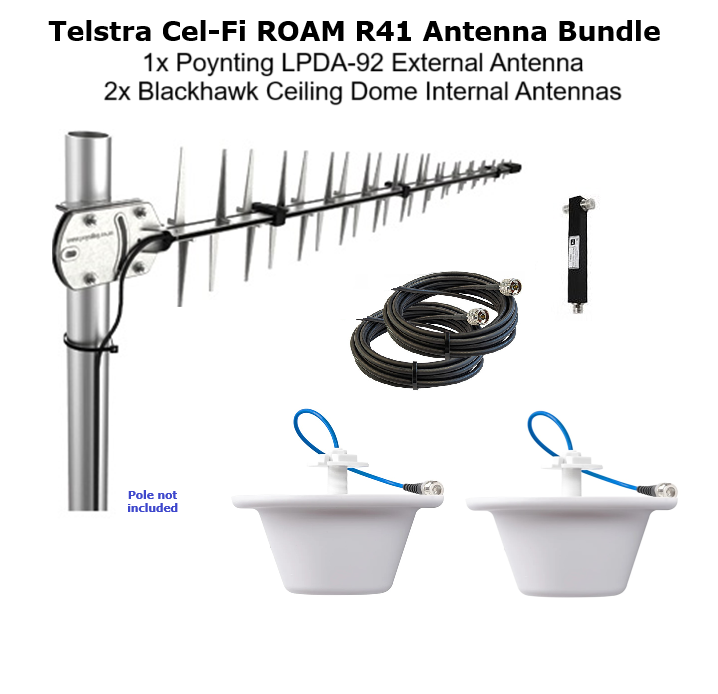 Telstra CEL-FI Roam antenna bundle with one external antenna and two ceiling dome internal antenna.