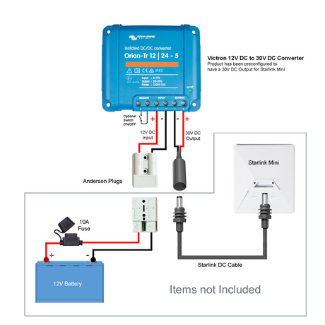 Diagram of a Victron DC/DC converter setup with battery, fuse, and cables.