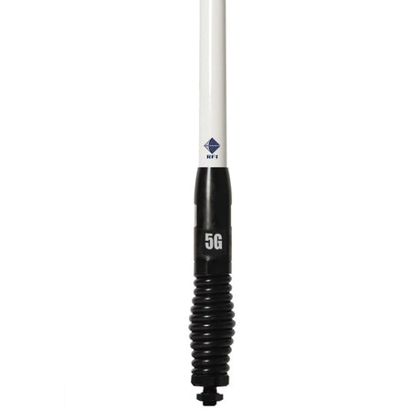 RFI CDQ8195 6.5dBi 4G & 5G cellular vehicle antenna close-up with removable white whip & black spring
