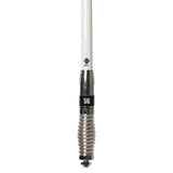 RFI CDQ8195 6.5dBi 4G & 5G cellular vehicle antenna close-up with removable white whip & chrome spring