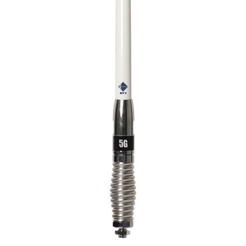 RFI CDQ8199 8.5dBi 4G & 5G cellular vehicle antenna close-up with removable white whip & chrome spring