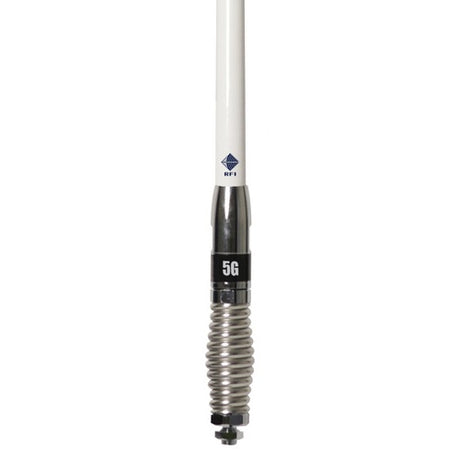 RFI CDQ8199 8.5dBi 4G & 5G cellular vehicle antenna close-up with removable white whip & chrome spring