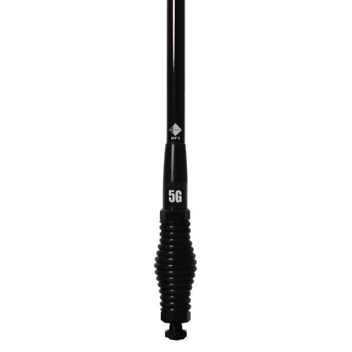 RFI CDR8195 6.5dBi 4G & 5G cellular antenna close-up showing removable whip and spring base