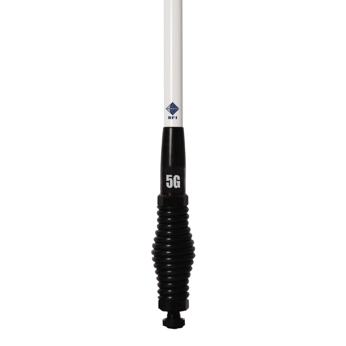 RFI CDR8195 6.5dBi 4G & 5G cellular antenna close-up showing removable white whip and black spring base