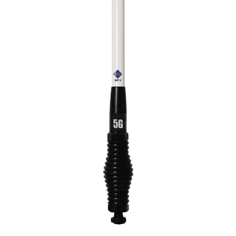 RFI CDR8195 6.5dBi 4G & 5G cellular antenna close-up showing removable white whip and black spring base