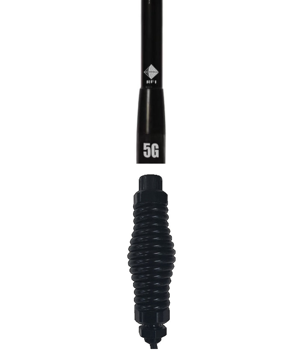 RFI CDR8195 4G & 5G cellular antenna showing the removable whip and Q-Fit connection